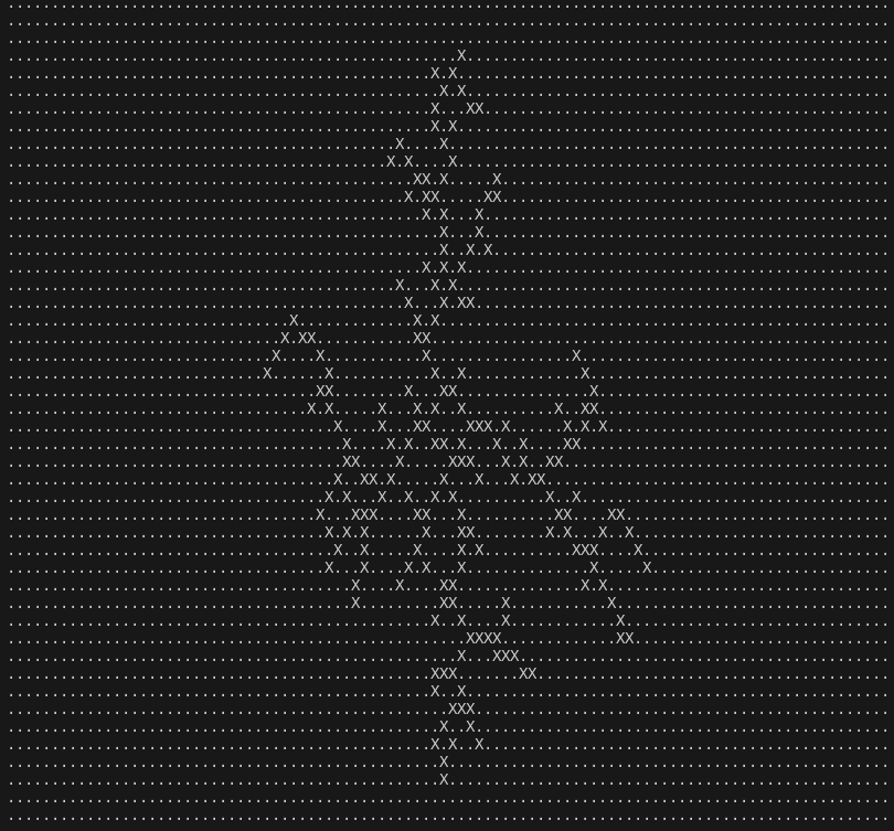 a result of the DLA algorithm displayed in the console with ascii characters, using # (hash) as a cell and a . (fullstop) as an empty space