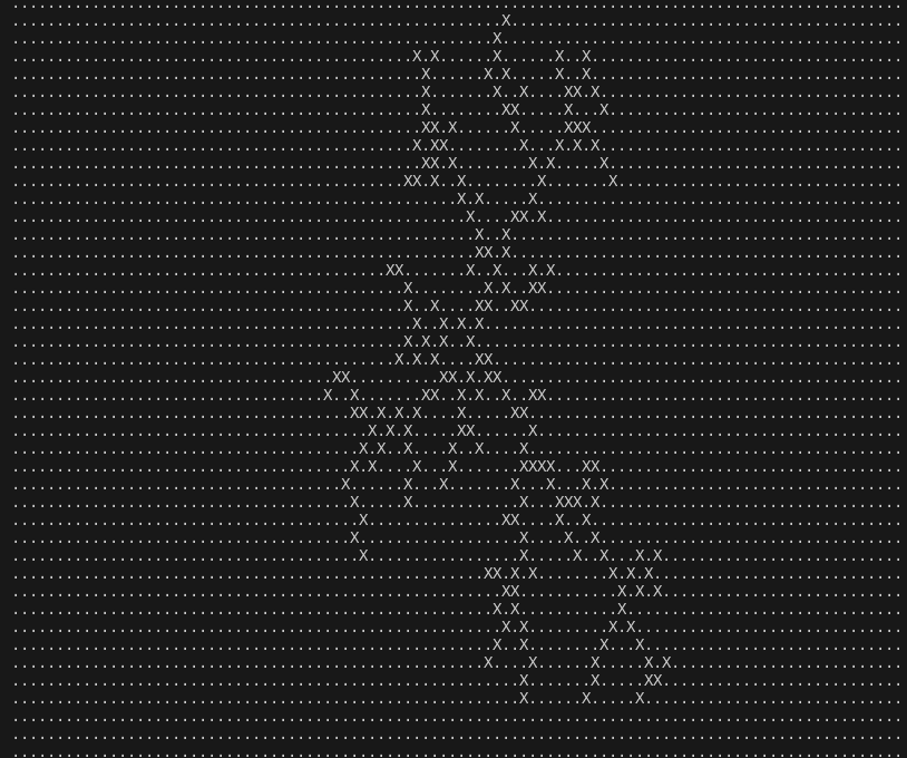 a result of the DLA algorithm displayed in the console with ascii characters, using # (hash) as a cell and a . (fullstop) as an empty space