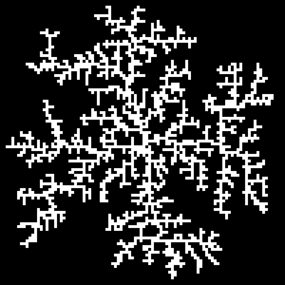 a result of the DLA algorithm where a cell is a white square and empty space is black