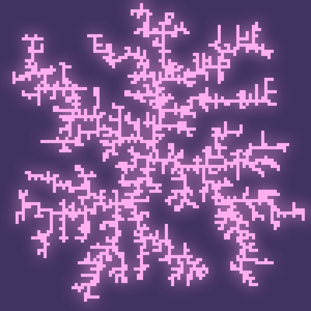 a result of the DLA algorithm where a cell is a light purple square and empty space is darker purple, blurred slightly, with the unblurred result overlaid on top in purplish white