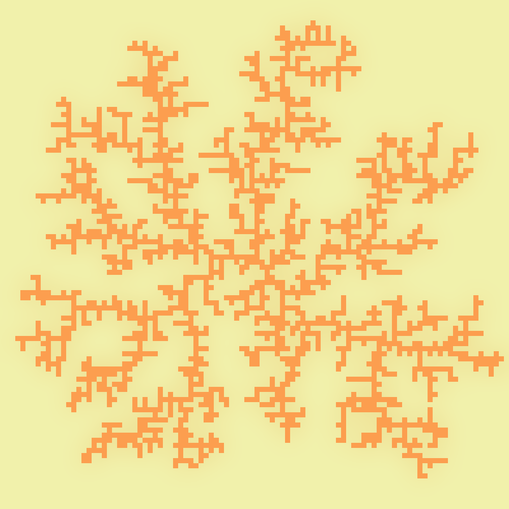 a result of the DLA algorithm where a cell is a orange square and empty space is sandy yellow, blurred slightly, with the unblurred result overlaid on top in orange