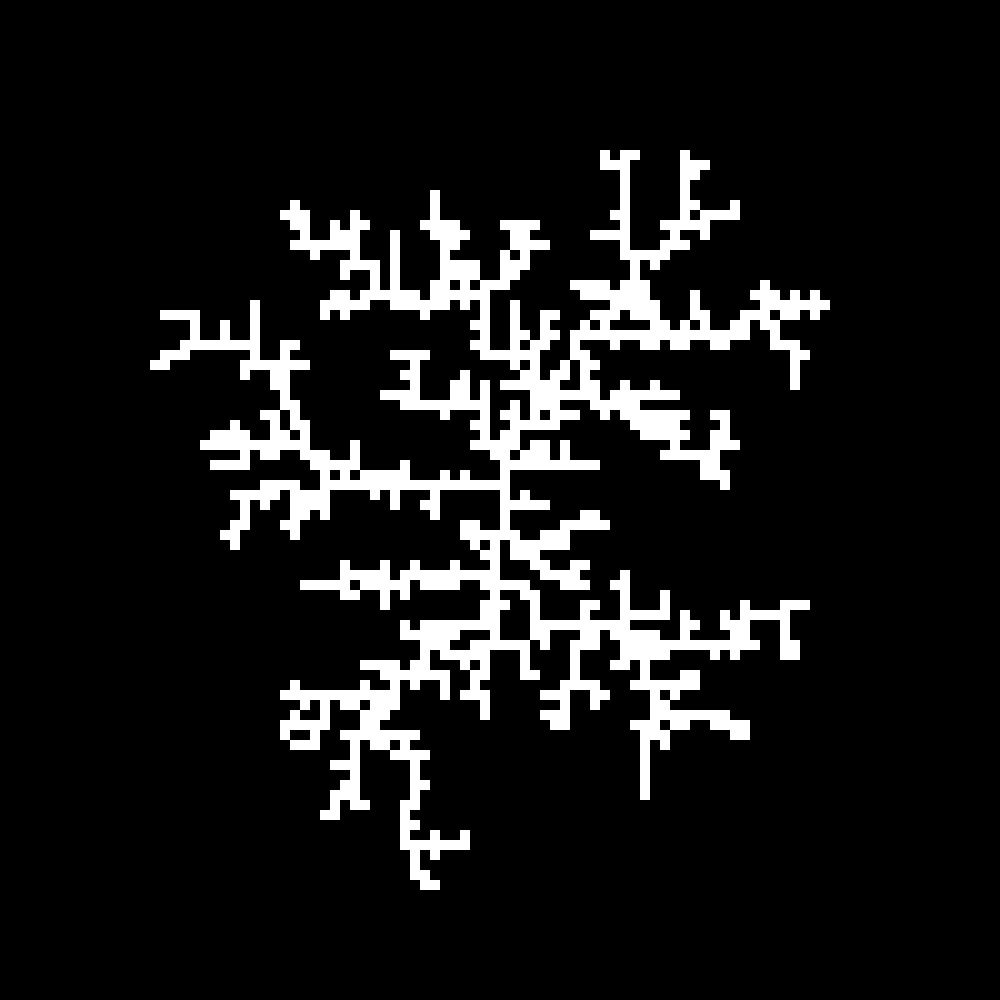 a result of the DLA algorithm where a cell is a white square and empty space is black