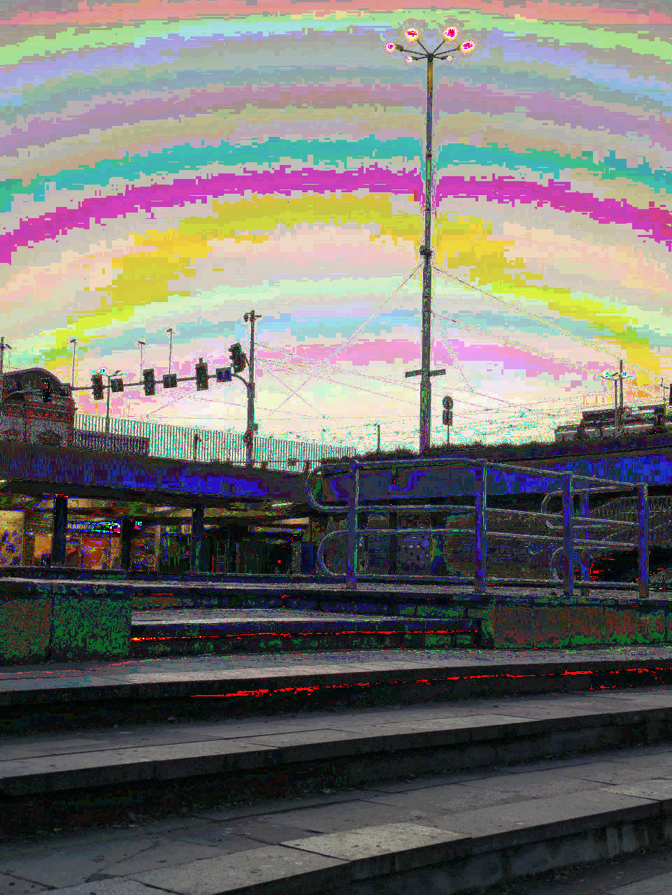 colorful glitched photo of an underground pedestrian crossing