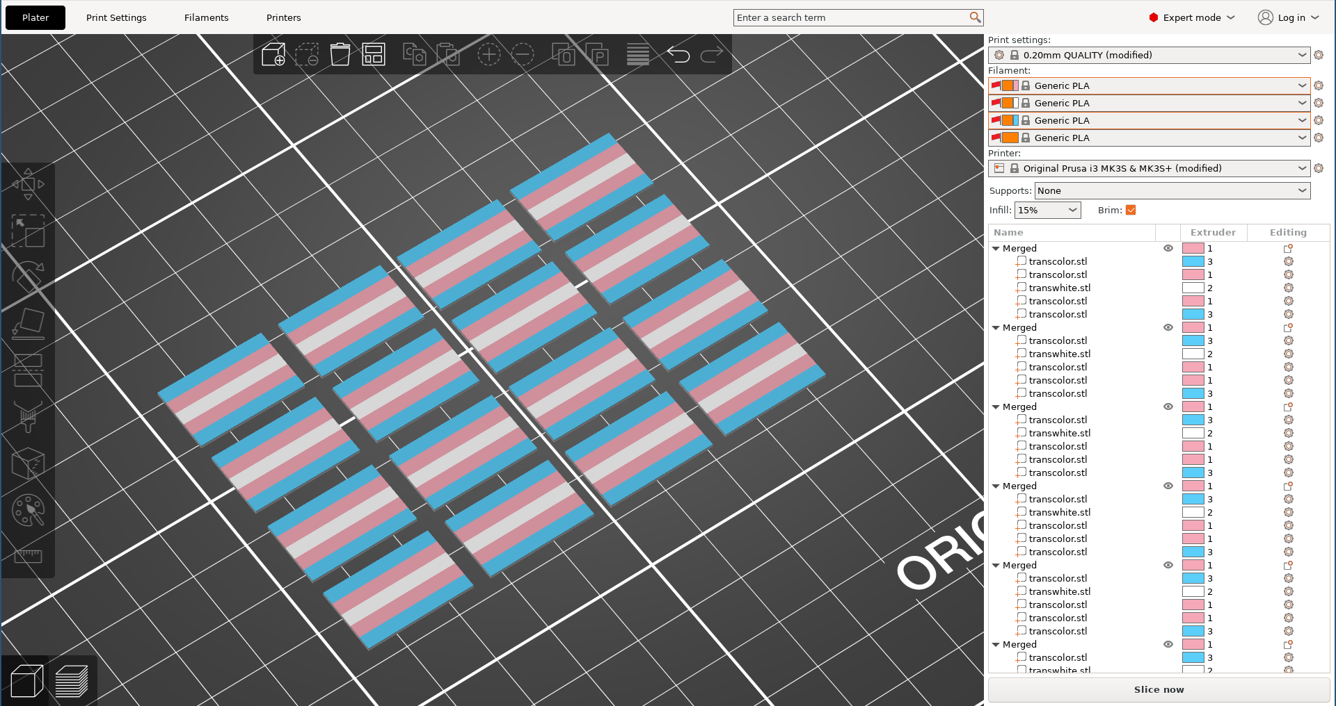 screenshot of a prusa project with 16 trans flags showing colors split into extruders