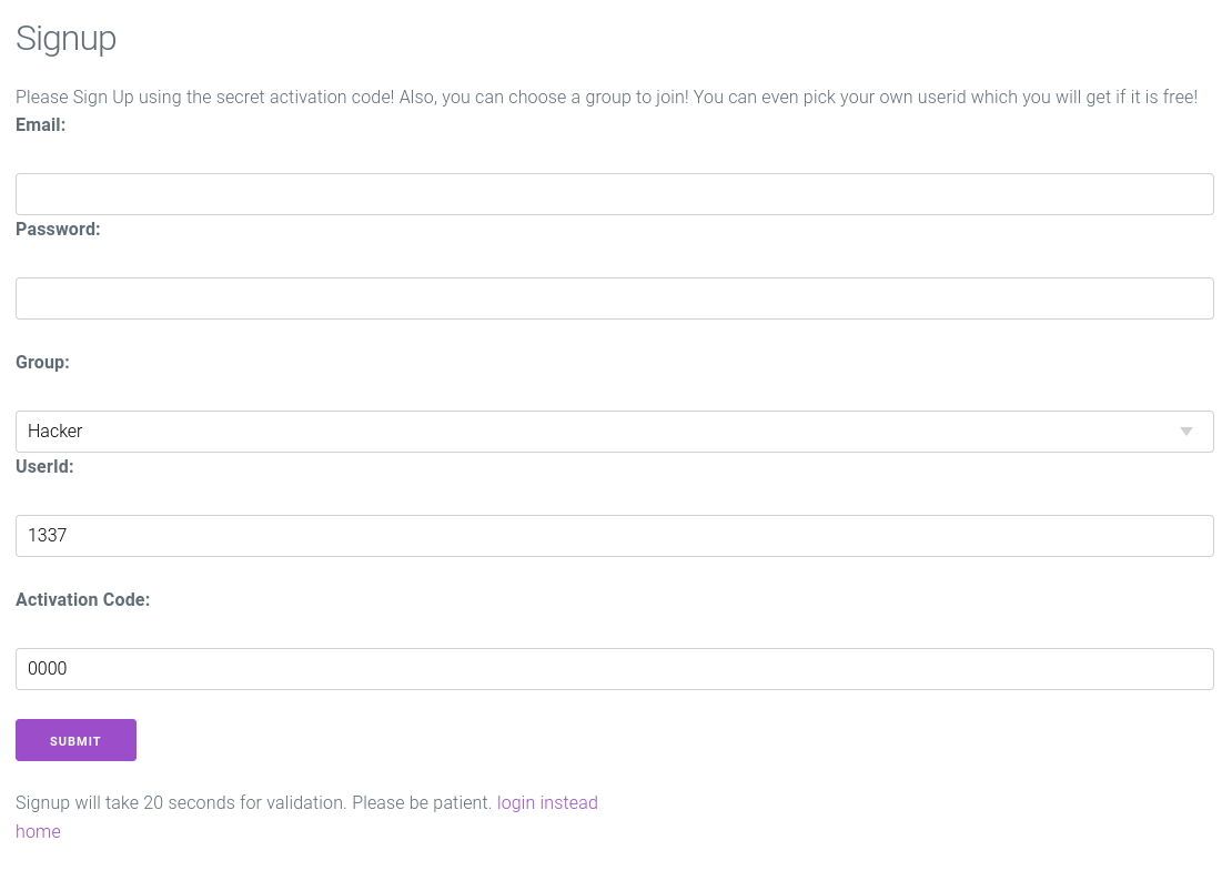 screenshot of the sign up page with fields: email, password, group dropdown, user id, and activation code